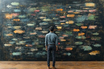 Man facing a chalkboard filled with multiple abstract marks and smudges symbolizing confusion uncertainty and the complexity of navigating unknown territories in business or personal life decision