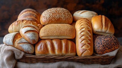 The bread is golden, soft and delicious, A variety of different breads are packed in a basket, real photography, super detail, baking and cooking