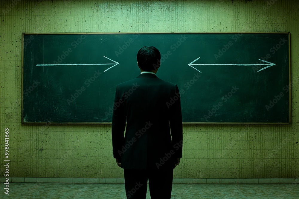Poster businessman standing in front of a single arrow pointing left on a chalkboard symbolizing making a c
