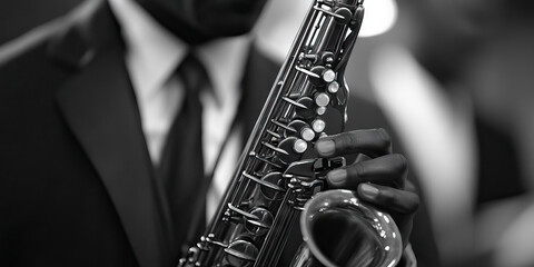 Obraz premium Jazzy Jive: A solo saxophonist improvising over a swinging rhythm section, their solos punctuated by cheers and applause.