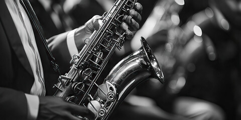 Obraz premium Jazzy Jive: A solo saxophonist improvising over a swinging rhythm section, their solos punctuated by cheers and applause.
