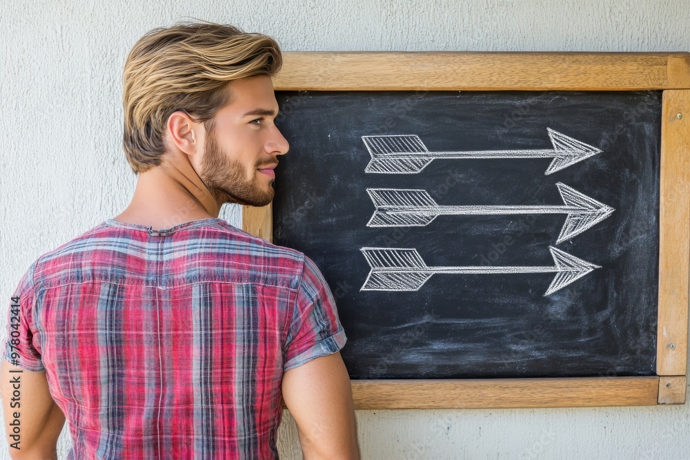 Poster man with checkered shirt standing in front of three arrows on chalkboard symbolizing process of choo