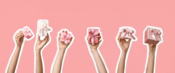 Women with gifts on pink background. Mother's Day celebration