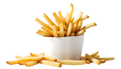 Crispy French fries in a white cup with some fries scattered around it isolated on a transparent...