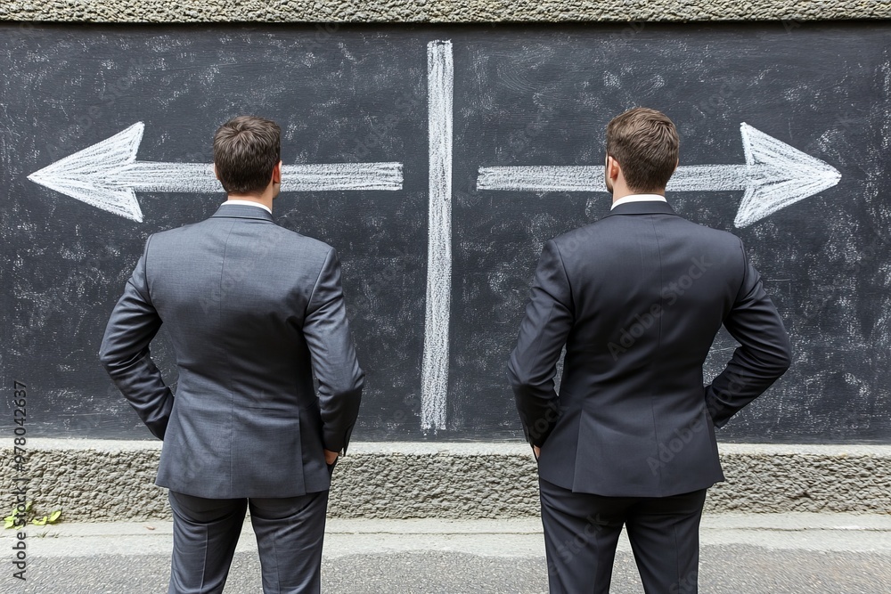 Poster two businessmen standing side by side in front of chalkboard with opposing arrows and conflict resol