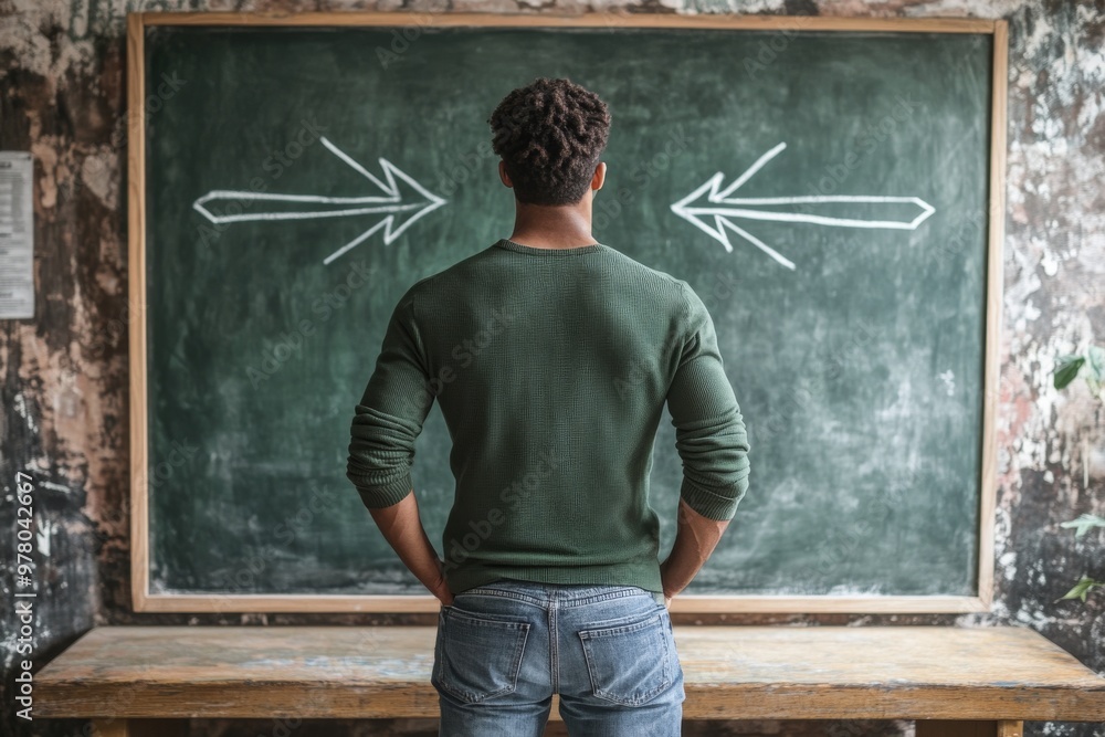 Poster man in green sweater facing a chalkboard with a single arrow pointing left symbolizing making decisi