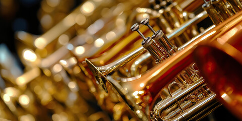 Fototapeta premium Harmonic Haze of Brass: A row of gleaming trumpets, saxophones, and trombones.