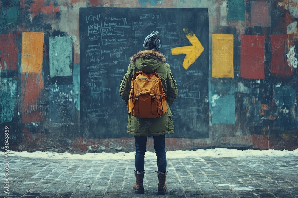 Poster person with a yellow backpack walking in front of a wall with a single yellow arrow pointing right s