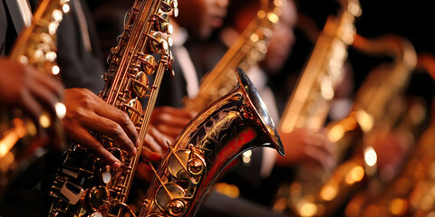 Jazzy Sway of Reeds: A group of soprano, alto, tenor, and baritone saxophones.