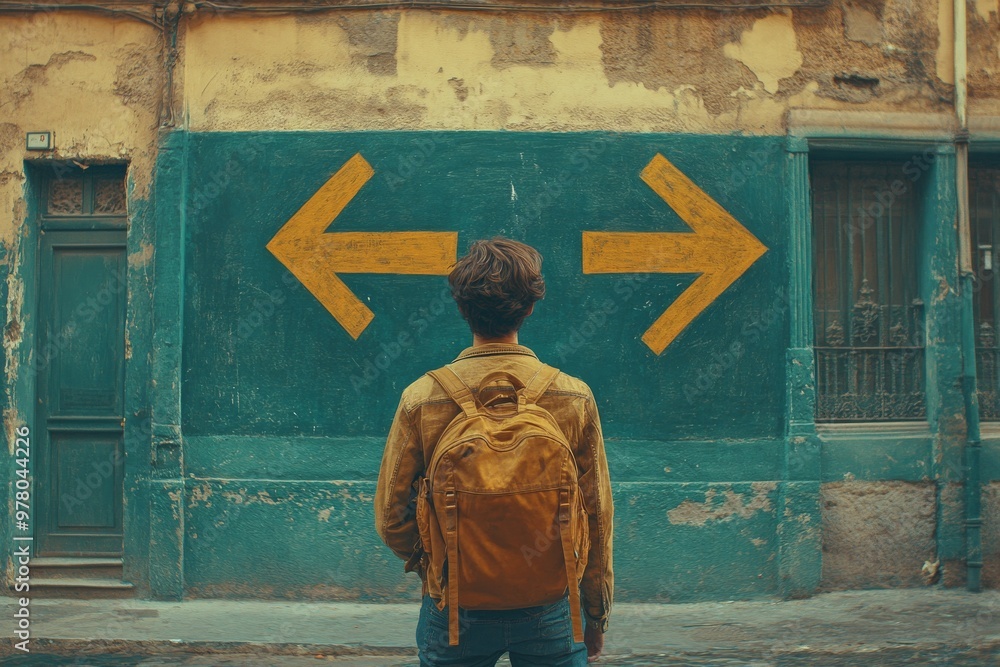 Aufkleber person with a yellow backpack standing in front of a wall with two large yellow arrows pointing in o