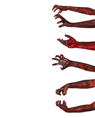 Many bloodstained hands of zombies on white background. Halloween celebration