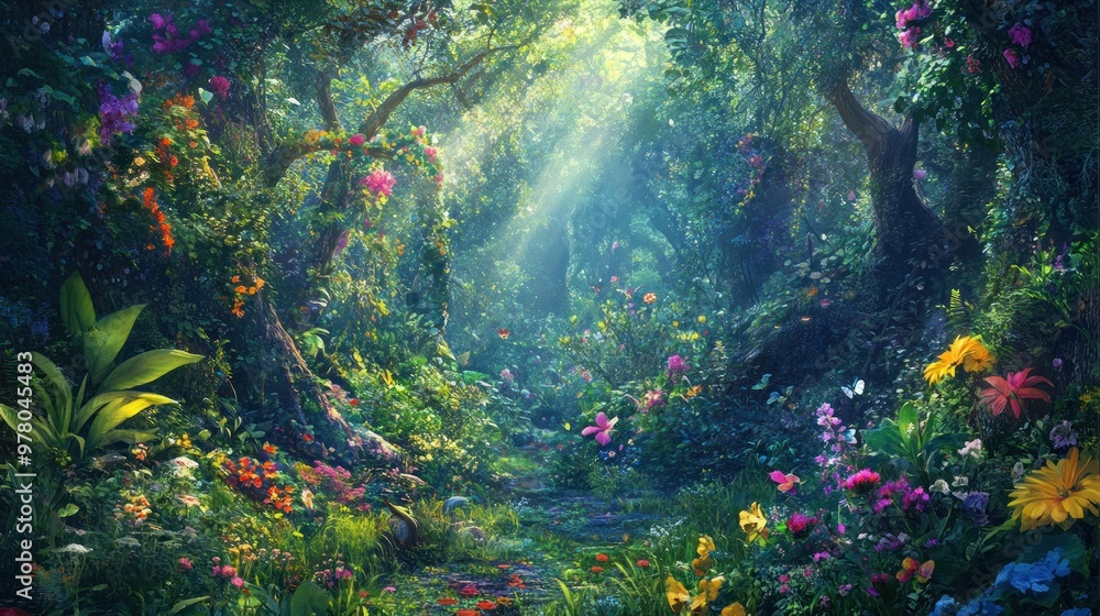 Sticker Sunbeams Filtering Through a Lush, Flower-Filled Forest