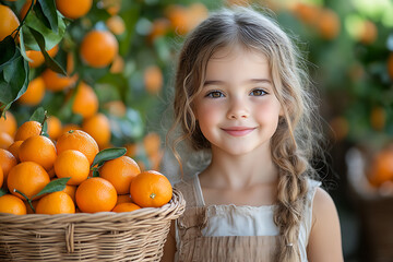 A young woman in a straw hat smiles while holding a basket full of freshly picked oranges in an orchard, symbolizing harvest and nature.
