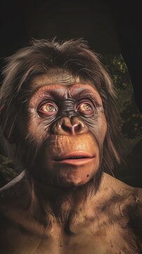Intense Gaze of a Prehistoric Humanoid Creature in Dramatic Lighting