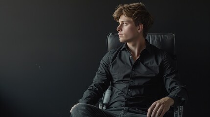 Obraz premium Young man sitting thoughtfully in a darkened room