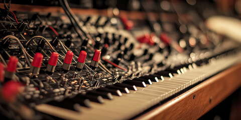 Fototapeta premium A bank of analog synthesizers, their knobs and cables waiting to create new textures.