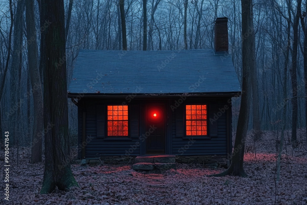 Poster a cabin with lit windows sits in a dark forest. perfect for creating a sense of mystery or isolation