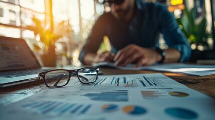 Fototapeta premium Eyeglasses resting on financial charts and documents in an office