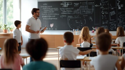 Teacher instructing students using educational tools, modern classroom environment. AI generated