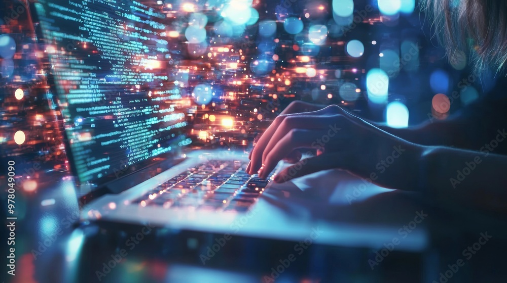 Poster hands typing code on a laptop with digital data overlay
