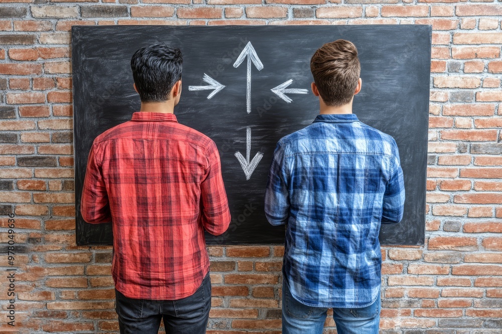 Poster two men standing side by side in front of chalkboard with arrows pointing opposite directions showin