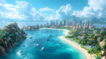 Obraz premium Coastal Cityscape with Mountains and Lush Tropical Vegetation - 3D Illustration