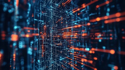 Abstract digital grid with glowing data and technology elements