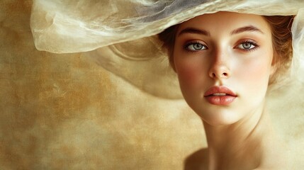 Close-up Portrait of a Woman in a Sheer Hat