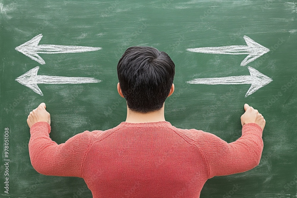 Poster man in a red shirt standing in front of a chalkboard with arrows pointing in two directions symboliz