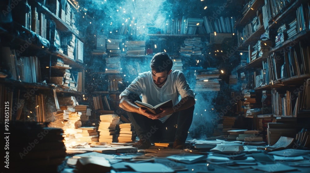 Poster man reading a book in a magical library surrounded by glowing particles