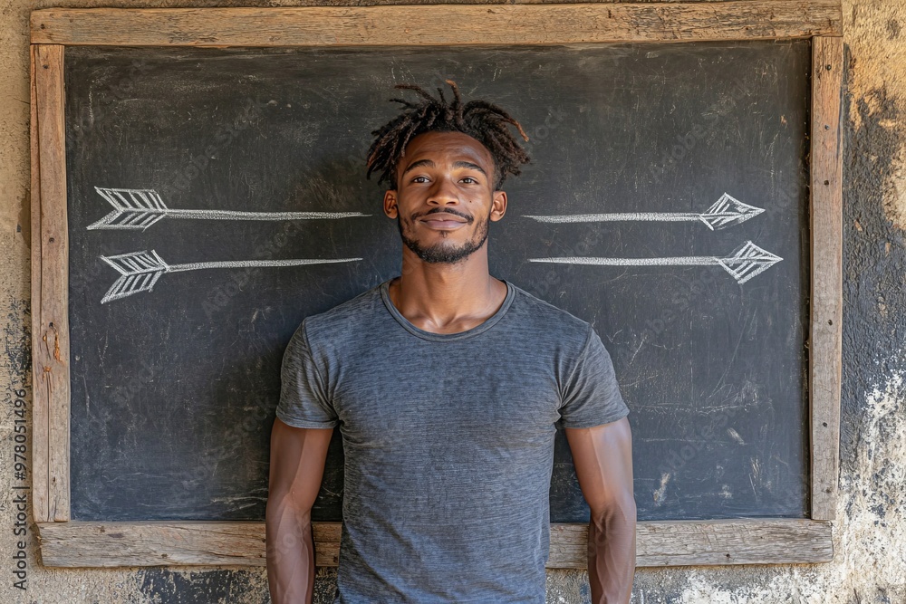 Poster man standing against a chalkboard with a single arrow pointing right symbolizing clear decision maki