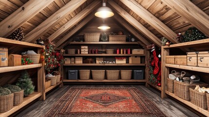 Attic storage room with boxes neatly stacked, holiday decorations, labeled bins, soft overhead lighting