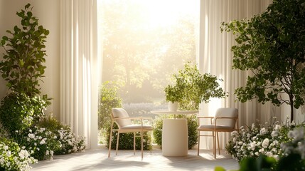 Balcony with a small table and chairs, potted plants, view of the garden, soft morning sunlight