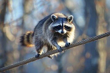 A raccoon balancing on a tightrope or narrow branch, its tail acting as a counterweight for its mischievous antics