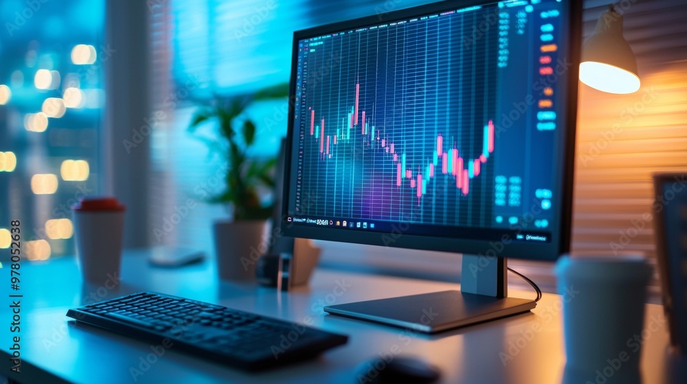 Poster desktop setup with a financial chart on a monitor in a modern office