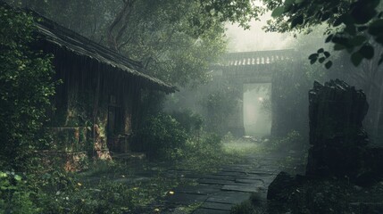 Overgrown Stone Path Leading to a Foggy Clearing in a Rainy Forest