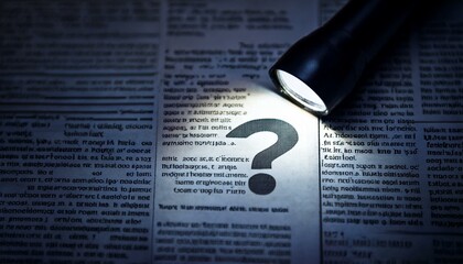 A flashlight illuminates the word '?' on a newspaper
