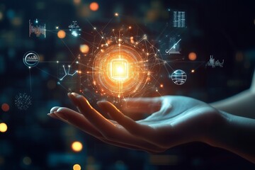 Futuristic Hand Holding Digital Processor Interface 