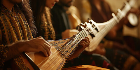 Ethereal Ensemble - A group of ethnic musicians playing intricately carved wooden instruments, their music resonating with the spirit of their ancestors.
