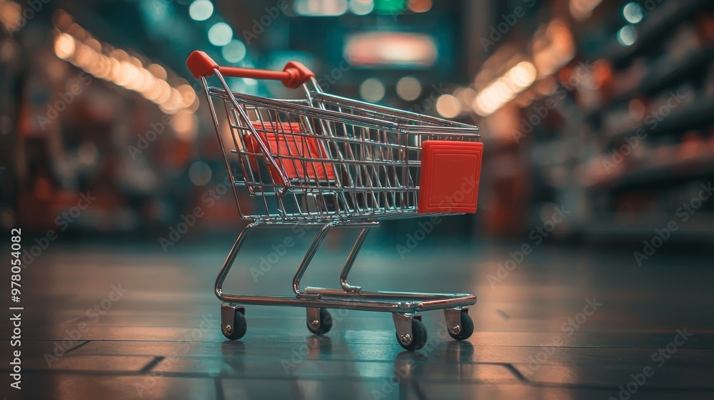 Poster empty shopping cart in a store aisle with soft lighting