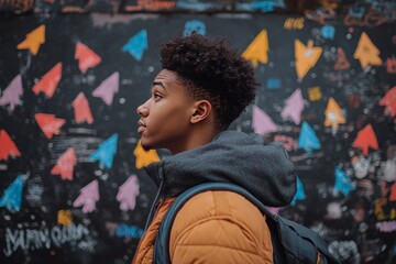 Obraz premium Young man wearing a backpack standing in front of mural with abstract shapes and arrows symbolizing exploration of personal direction creativity and future possibilities in urban environment