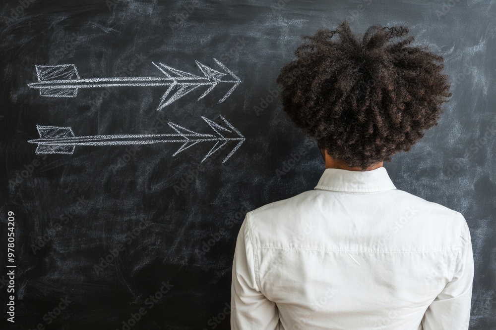 Poster woman with curly hair standing in front of a chalkboard with arrows pointing in multiple directions 