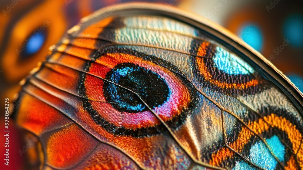 Poster close-up of a butterfly wing with intricate patterns and vibrant colors.