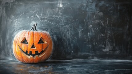 A bright chalked drawing of a pumpkin for Halloween