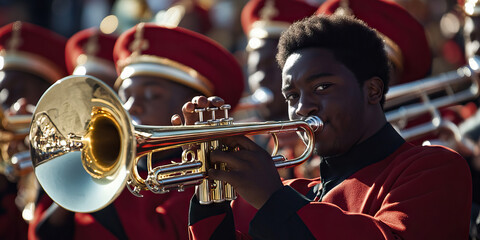A marching band in full formation, their trumpets and trombones blaring with energy and enthusiasm.