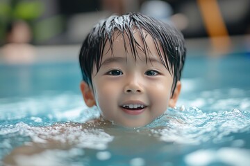 A young boy smiles in a pool. The photo is perfect for showcasing the joy of swimming and the carefree nature of childhood.