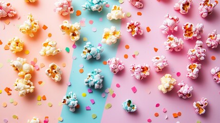 Colorful popcorn with confetti on a pastel background