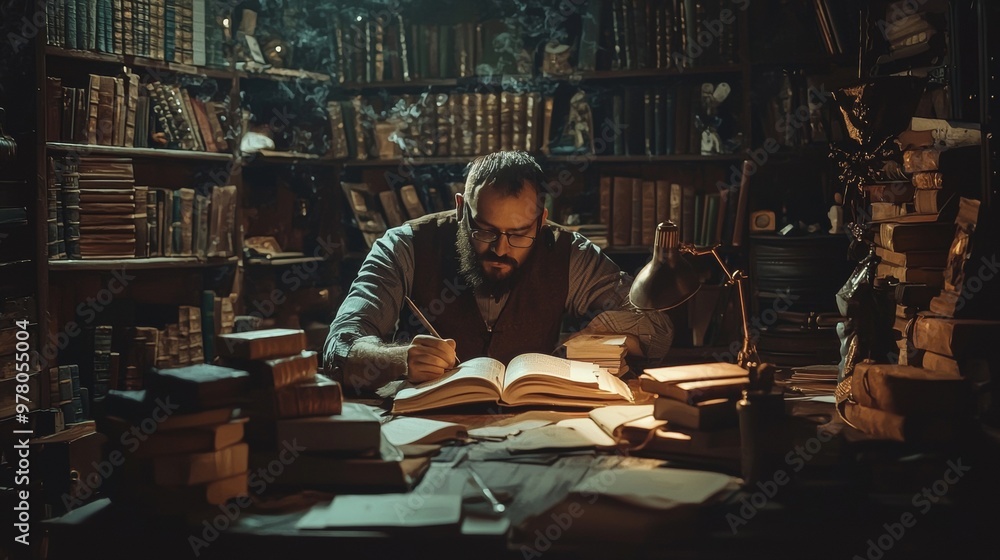 Poster man studying in a dimly lit library filled with books