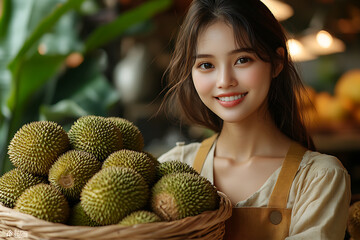 A cute girl stands in a garden holding a wicker basket filled with durians. Tropical fruit and lush greenery create a vibrant outdoor setting.
