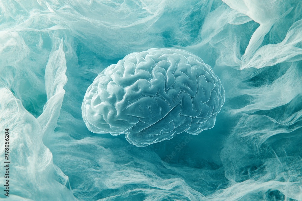 Poster scientific visualization of a brain surrounded by abstract blue matter symbolizing cognitive science